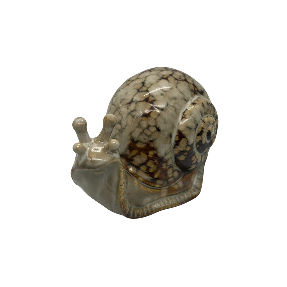 Vintage Ceramic Snail Figurine Glossy Brown Drip Glaze Pottery Garden Decor 5.5"